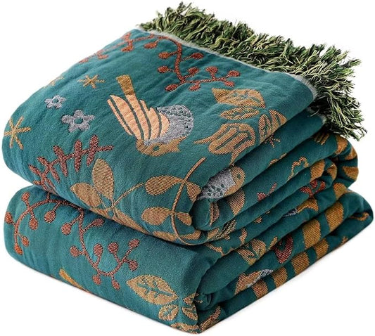 Boho Throw Blanket for Bed 100% Cotton Ultra Soft Rustic Quilt Fall Blanket Bird Floral Printed Farmhouse Decor Large Bed Blankets,60"×80" All Season Rustic Throw for Sofa Couch Chair
