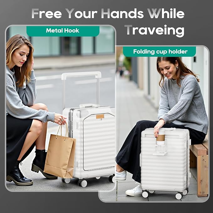 Joyway 20 Inch Carry on Luggage with Aluminium Frame and Front Pocket, PC Hardshell Suitcase with USB Port and Cup Holder, 21.5x14.2x9 Airline Approved, Luggage with Spinner Wheels and TSA Lock(White)