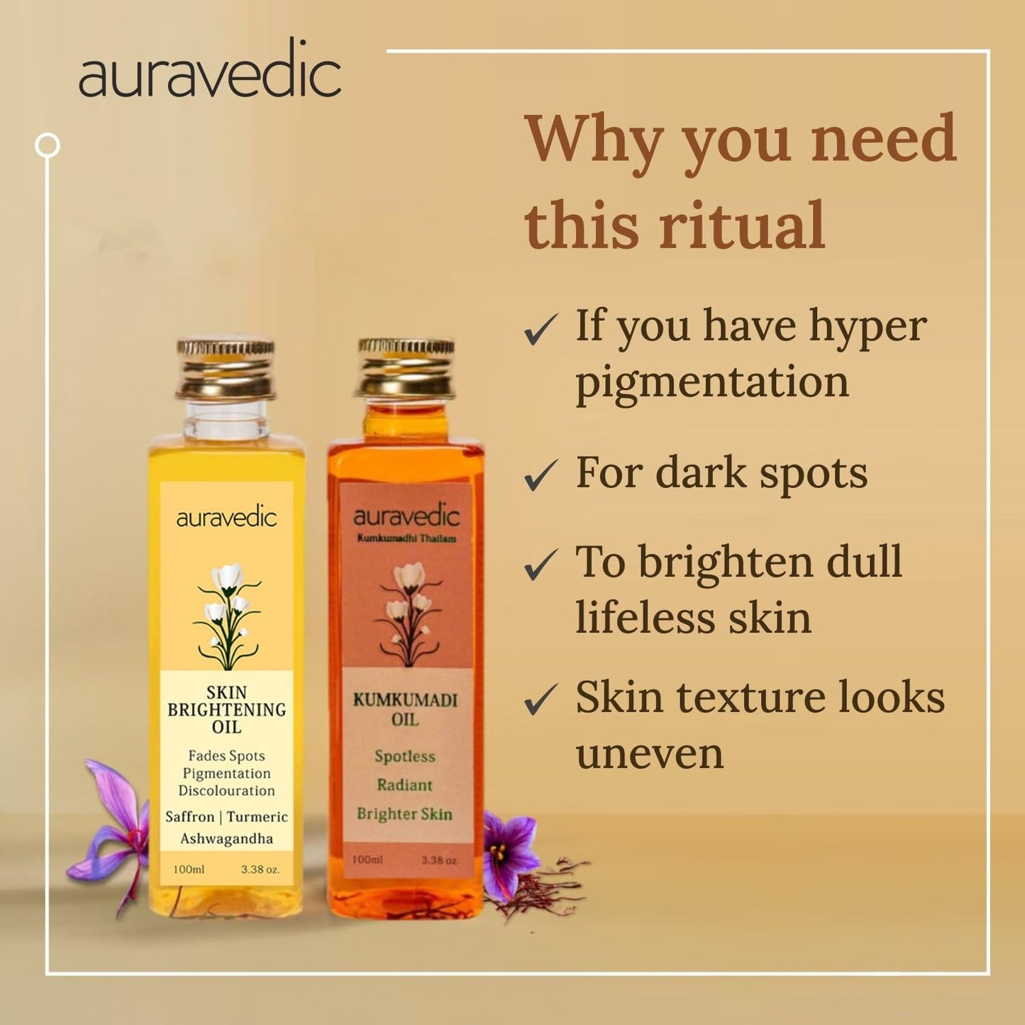 Auravedic Kumkumadi Oil & Skin Oil Combo | Saffron, Turmeric and Winter Cherry Infused Face Moisturizer | Hydrating & Moisturizing | for All Skin Types | 3.38Fl Oz (100ml)