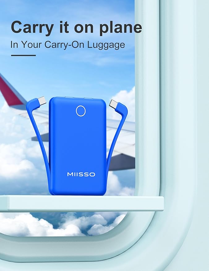 10000mAh Compatible with iPhone 15/16/17 (Only) Slim Portable Charger with Built in Cable, Power Bank Travel Charger External Battery Pack for Phone, 3 Output USB Type C Cord Clutch Charger, Deep Blue