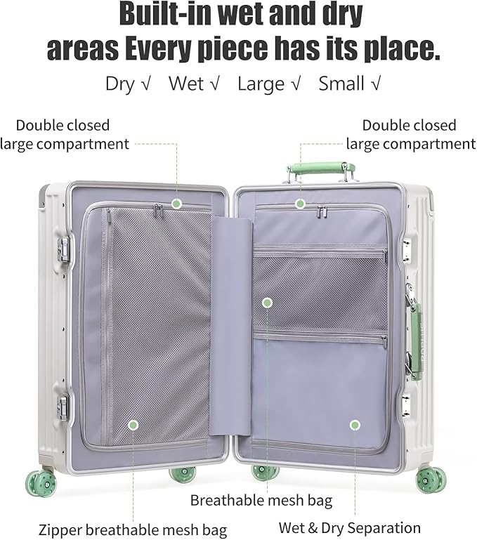 Aluminium Frame Carry on Luggage with Smooth Jelly Wheels, Hardside Zipperless Rolling Suitcase with TSA Lock (White, 21-Inch)