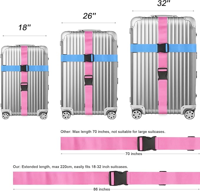 4 Pack Luggage Straps for suitcases-4 pcs Extra Long Suitcase Straps TSA Approved Luggage Belt, Adjustable Travel Belt for Luggage for 20'' - 32'' Suitcases (Orange Blue Green Pink)