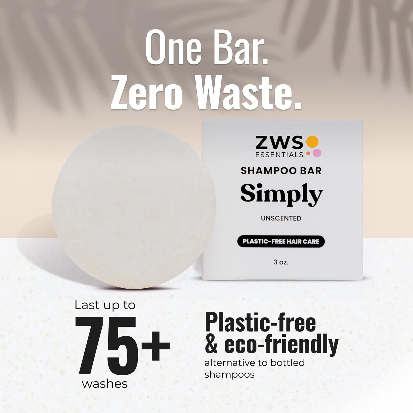 ZWS Essentials Simply Unscented Shampoo Bar, Vegan Solid Hair Cleanser for Sensitive Scalps & Fragrance-Free Care, Zero Waste, Travel-Friendly