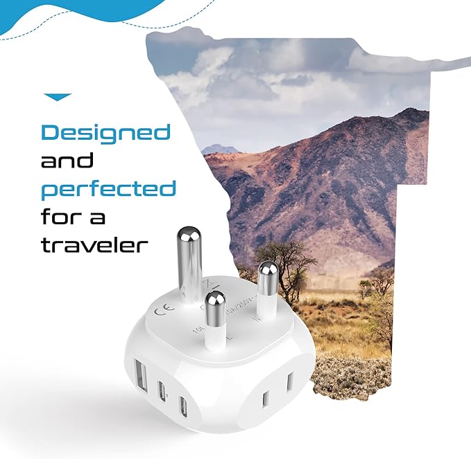 Ceptics South Africa Travel Adapter - 5 Input with QC 3.1A Dual USB and USB-C - Ultra Compact - Light Weight - USA to Any Type M Countries Such as Namibia, Botswana and More (PTU-10L), White