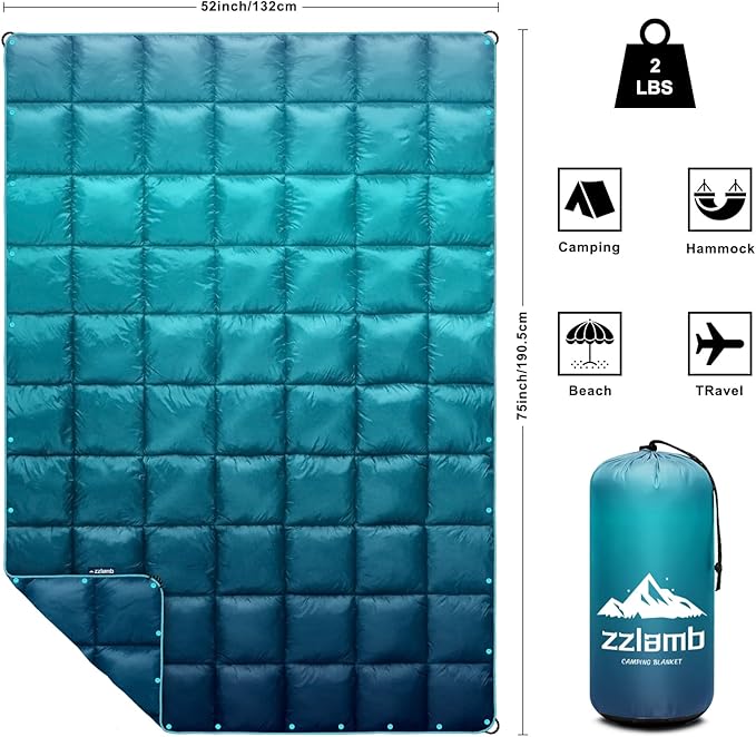 zzlamb Camping Blanket, Outdoor Lightweight Travel Blanket Puffy Portable Down Alternative, Windproof Warm Cloak with Snaps, Cozy Quilt Backpacking Picnic RV Plane Car Hammock Beach Climbing