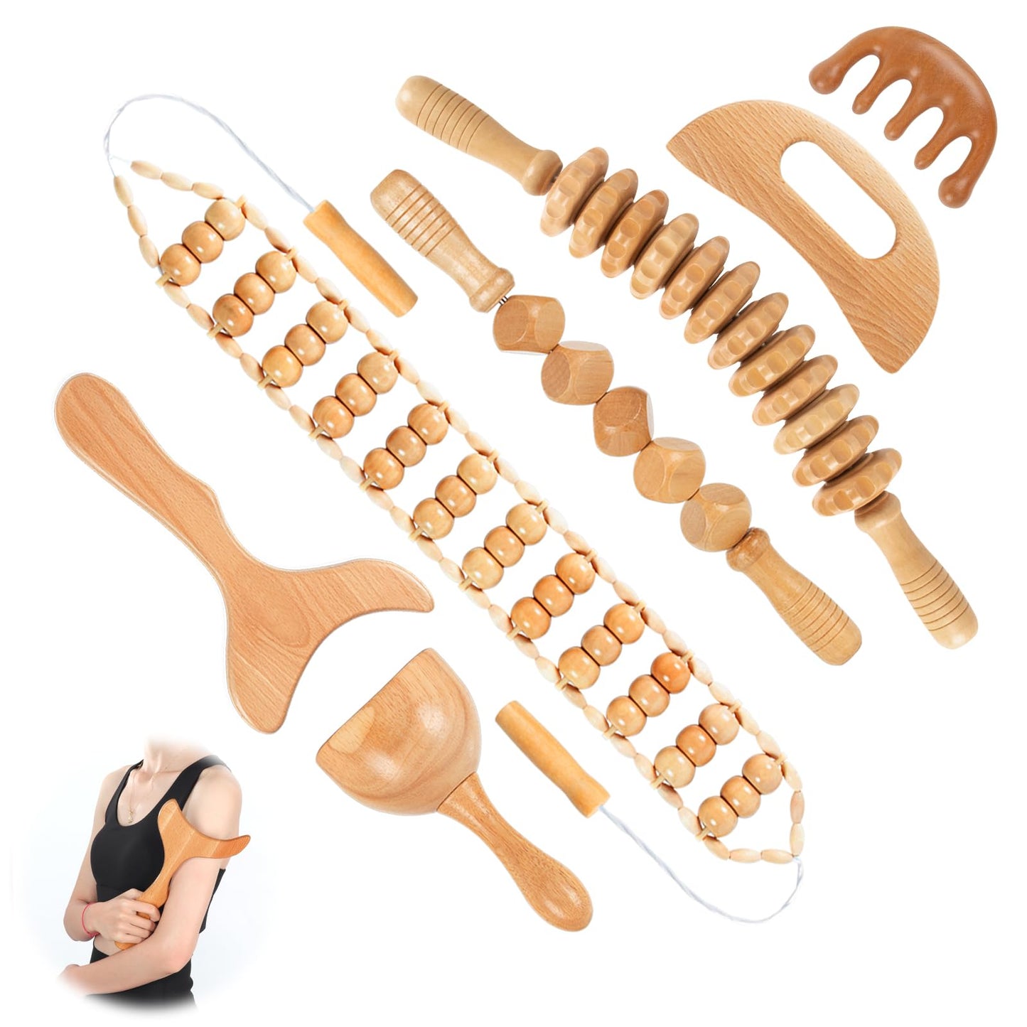 KintKita Wood Therapy Massage Tools 7-in-1, Wooden Lymphatic Drainage Massager Body Cellulite Massage Tool, Maderoterapia Kit Cellulite Massager for Body Sculpting,Contouring,Relief Muscle
