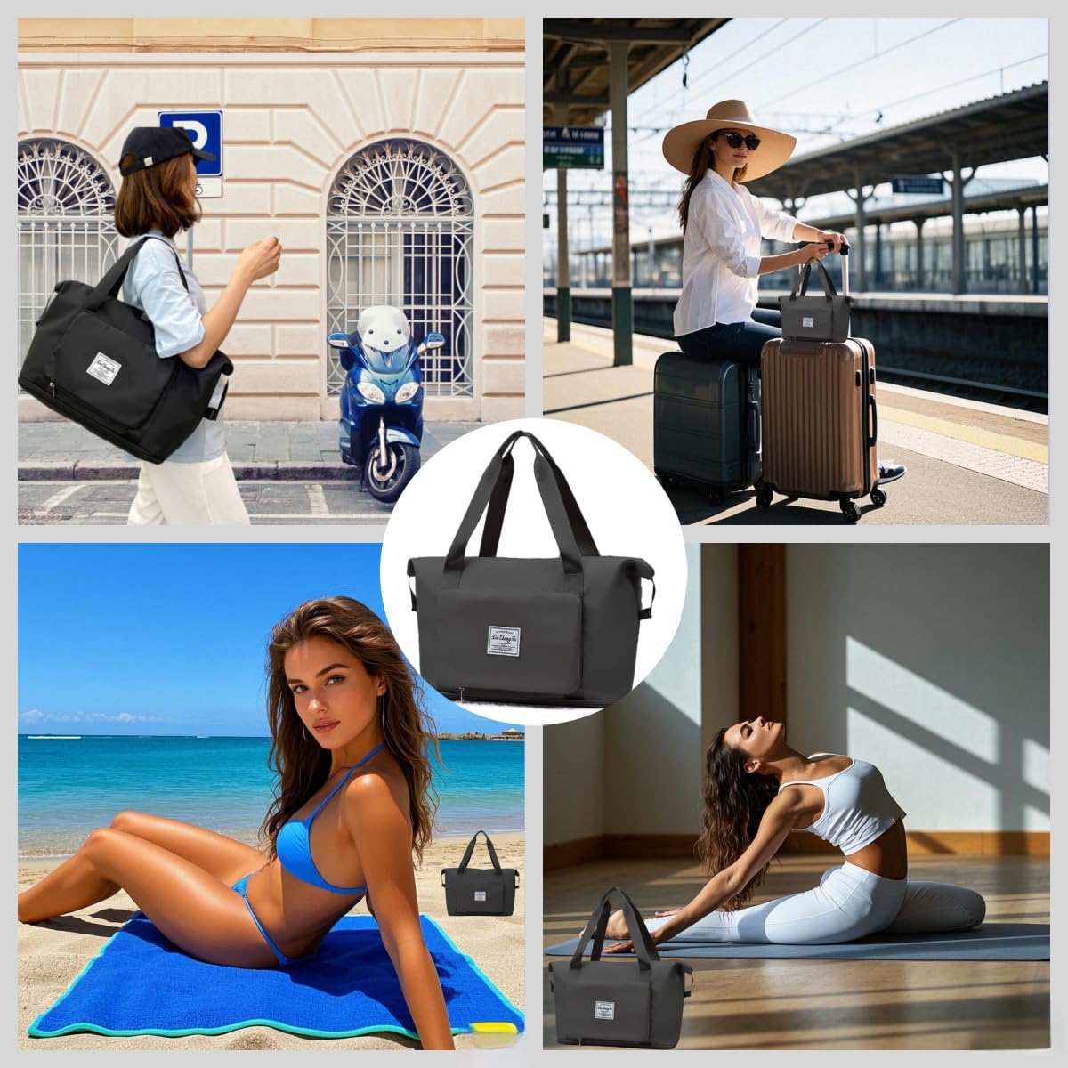 RichMoro Large Capacity Foldable Travel Bag, Expandable lightweight Carry on Bag, Dry with Wet Separation Spor Duffel Bags (Black)