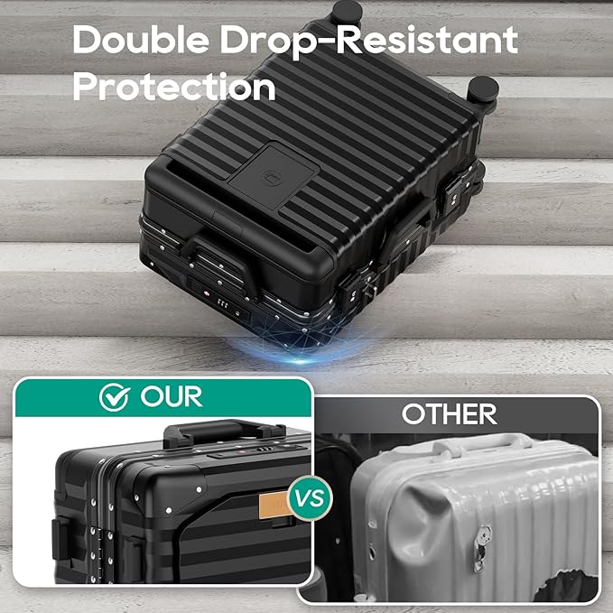 Joyway 20 Inch Carry on Luggage with Aluminium Frame and Front Pocket, PC Hardshell Suitcase with USB Port and Cup Holder, 21.5x14.2x9 Airline Approved, Luggage with Spinner Wheels and TSA Lock(Black)