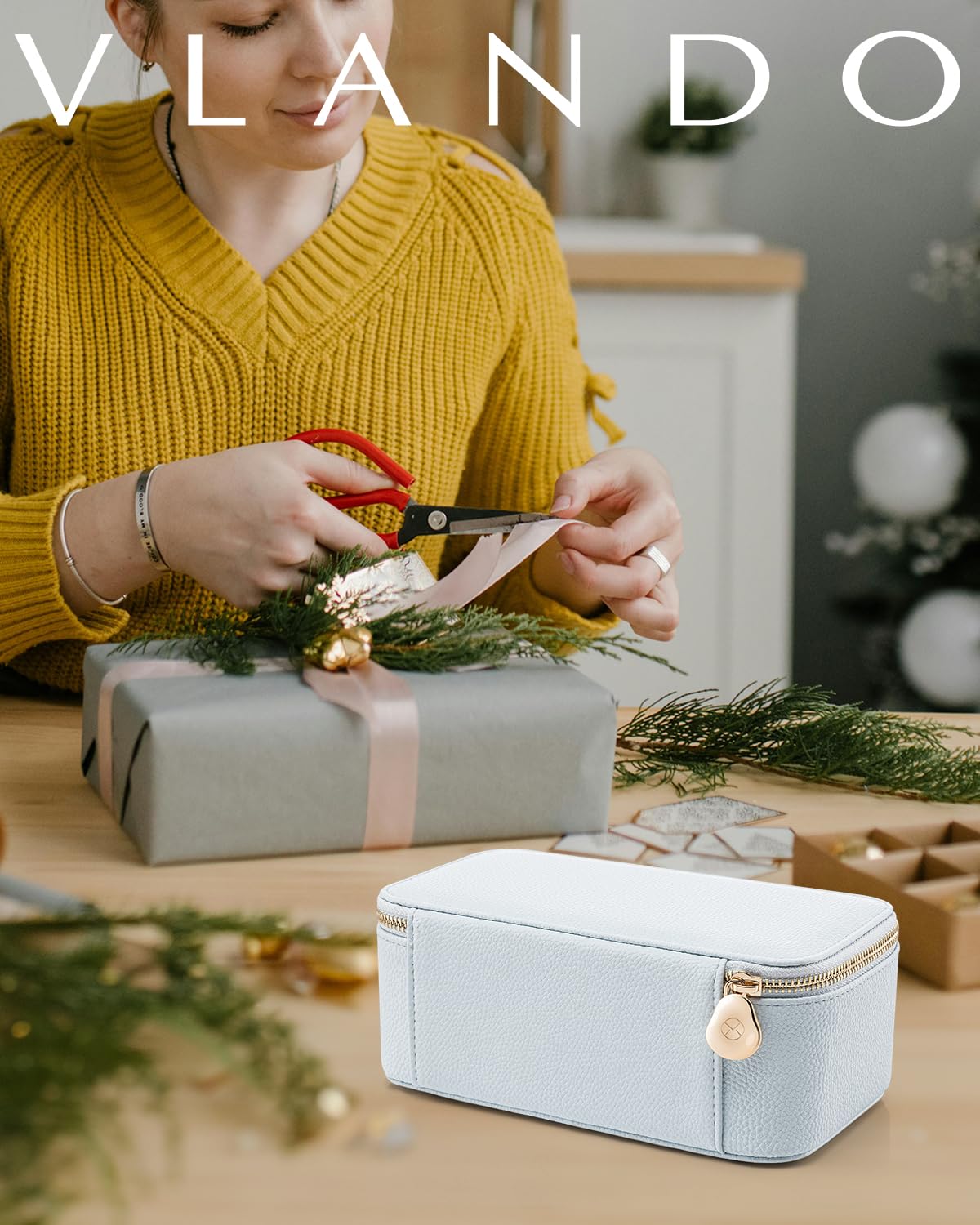 Vlando Travel Jewelry Case,Jewelry Organizer with 12 Pcs Velvet Jewelry Pouches, PU Leather Jewelry Box for Travel Accessories Birthday Christmas Gifts for Women Girls-Baby Blue