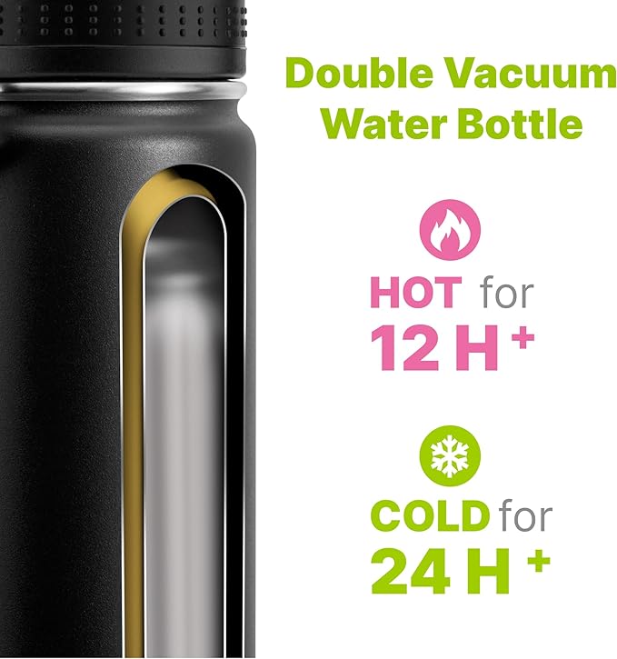 Kids Insulated Water Bottle-16 oz Stainless Steel Vacuum Wide Mouth Sports Flask with Silicone Boot-Reusable Metal Leak Proof Travel Water Bottle for Girls Boys, BPA-Free(Black)