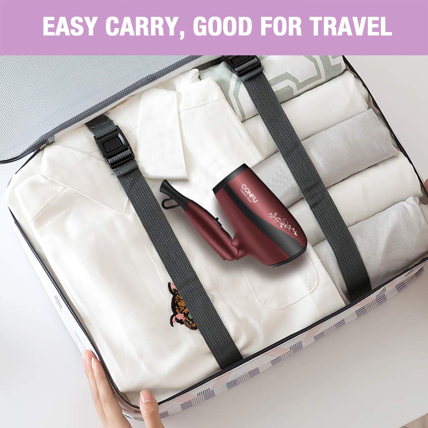 CONFU Portable Travel Blow Dryer, 1600W Ceramic Tourmaline Ionic Hair Dryer, Compact Folding Lightweight Hair Dryers for Women,1600 Watt Shine & Style Small Hair Dryer