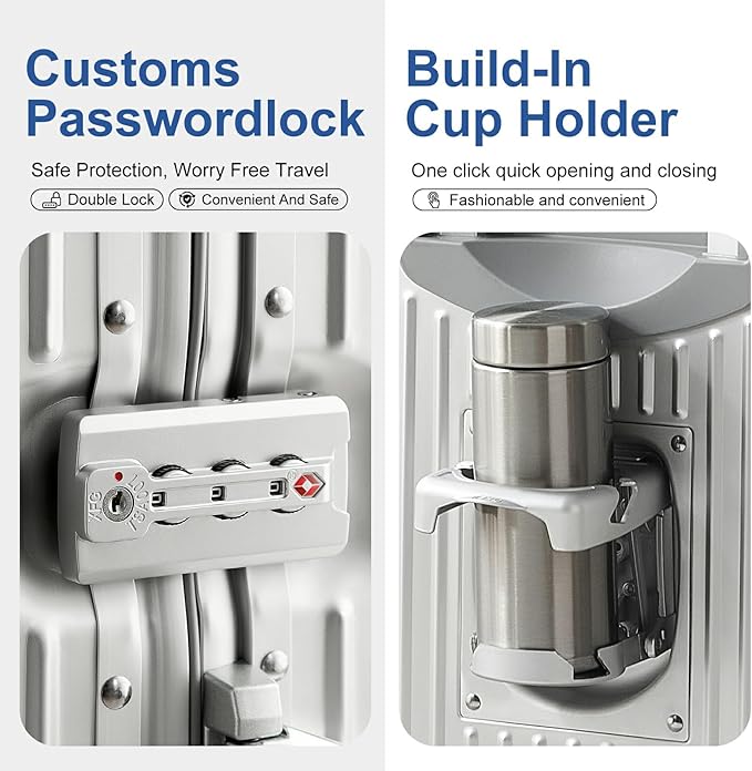 20 Inch Aluminium Suitcase with Cup Holder, 100% All Aluminum Suitcase, 20 Inches Aluminum Luggage with TSA Lock, Cup Holder(Silver, Carry-On 20-Inch)