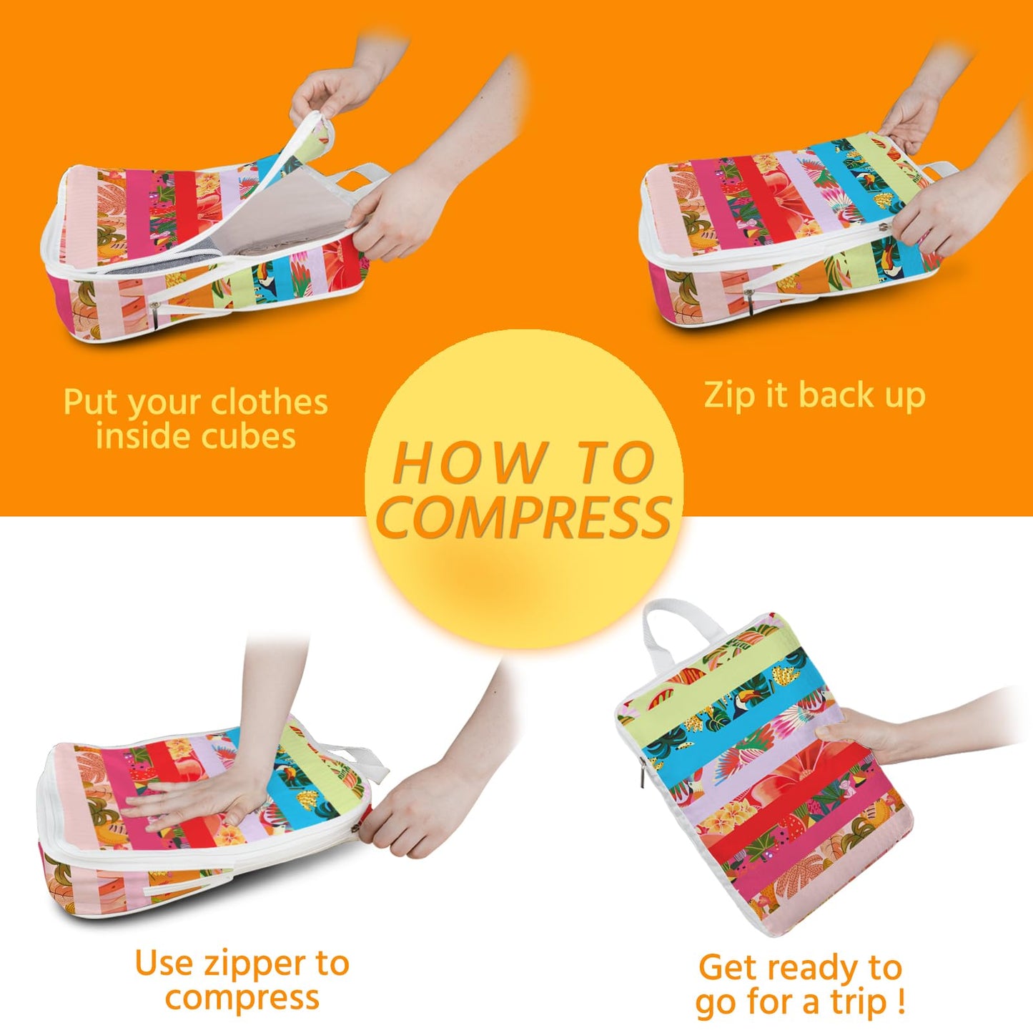 6 Pcs Compression Packing Cubes Waterproof Suitcase Travel Bag Luggage Backpack Organizer Travel Cubes for Packing-Tropical Banana