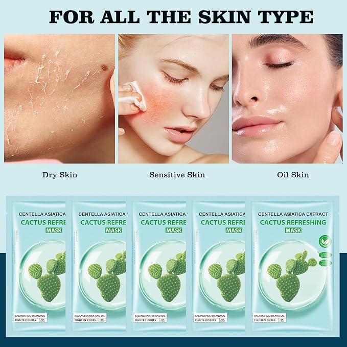 Cactus Facial Mask for Women,Hydrating Face Mask Sheet Home SPA,Moisturizing Face Sheet Mask for Dry,Oily,Sensitive Skin 30ml（5Pack）
