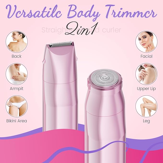 Bikini Trimmer for Women 2 in 1 Electric Razor for Women Face - Wet and Dry Electric Lady Shaver, Smooth Facial Hair Remover and Body Hair Trimmer for Bikini Leg Underarm Face Private Area, Pink