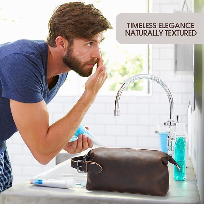 100% Genuine Leather Toiletry Bag for Men - Premium Handmade Crazy Horse Grain Leather - Best Gift for Men- Travel Toiletry Organizer - Shaving Bag for Toiletry Hanging Dopp Kit for Father Husband