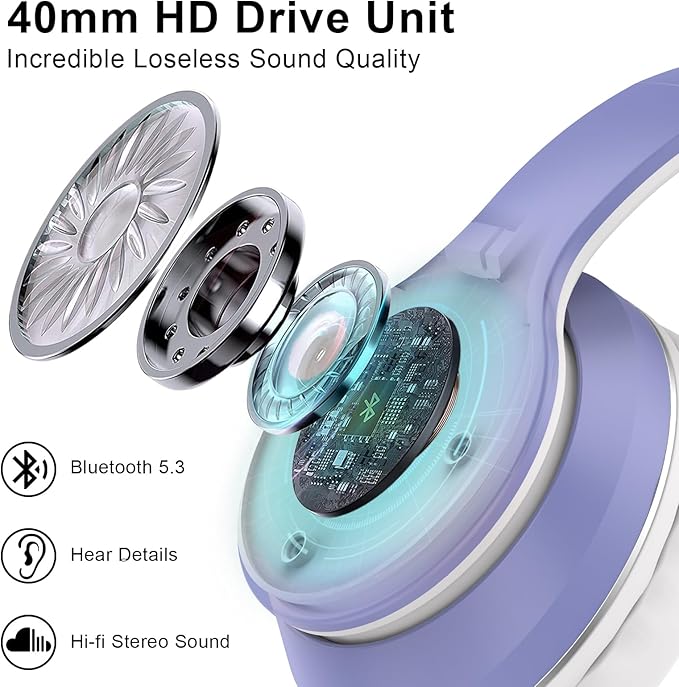 JOMILIN B9 Wireless Headphones Over-Ear, 60 Hours Playtime Lightweight Folding Hi-fi Stereo Bass Bluetooth Headset with Mic, Volume Control Headphones for iPad/Travel/Tablet/PC (Purple)