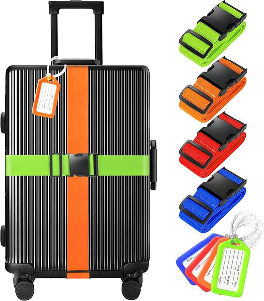 8 Pack Luggage Straps and Tags Set (4 Straps, 4 Tags), Luggage Straps for Suitcases TSA Approved Suitcase Belt Luggage Tags, Mixed