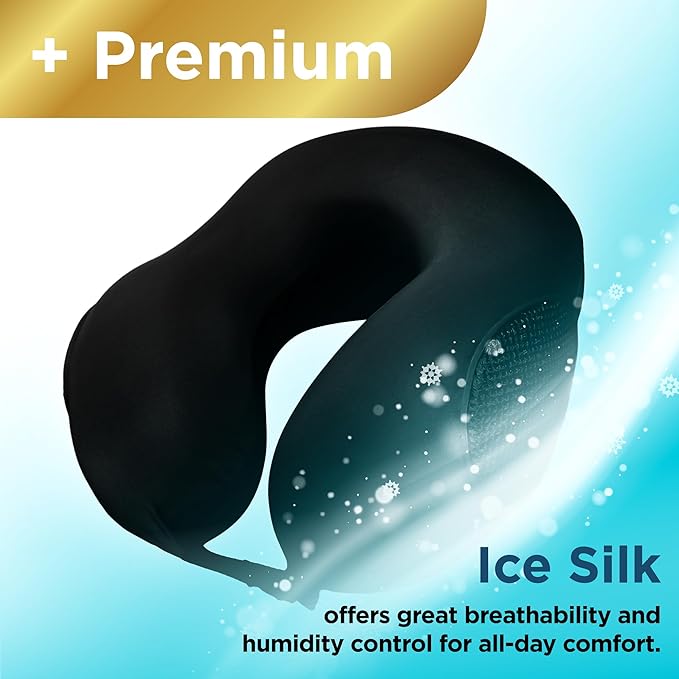 BLACK+DECKER Memory Foam Travel Neck Pillow Travel Pillow for Plane, Car & Train| Ice Silk Cooling Fabric, Ergonomic Design, Neck Support, Washable Cover,Black