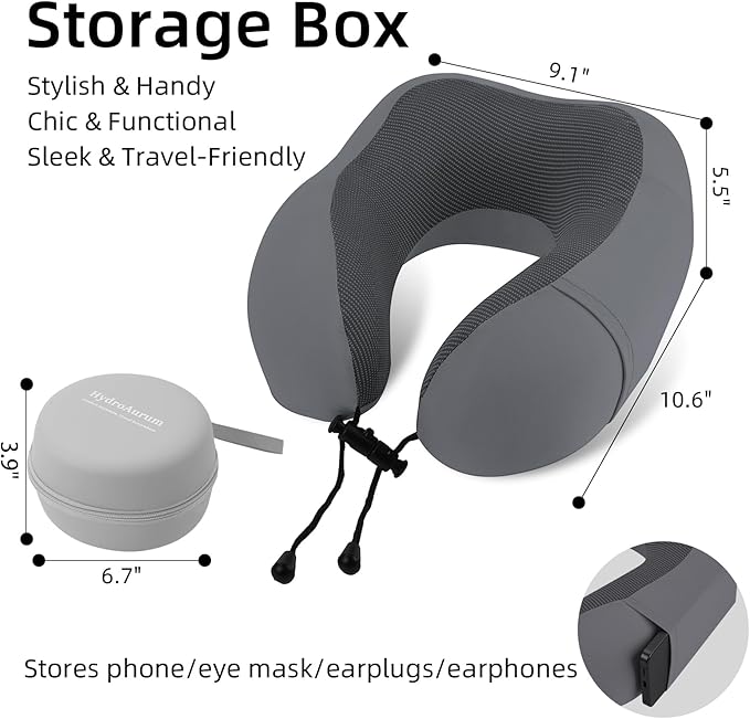 HydroAurum Travel Pillow 100% Pure Memory Foam Neck Pillow for Traveling – Ergonomic Neck Support Pillow for Airplane, Soft & Breathable Cover, Washable & Portable with Travel Bag