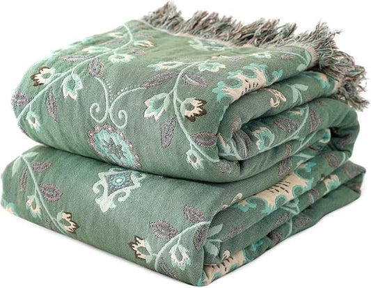 Boho Throw Blanket for Bed 100% Cotton Ultra Soft Rustic Quilt Fall Blanket Floral Printed Farmhouse Decor Bed Blankets,80"×90" All Season Rustic Throw for Sofa Couch Chair