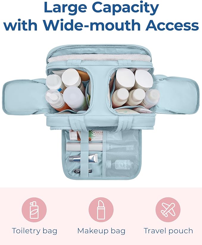 BAGSMART Travel Toiletry Bag, Lightweight Large Wide-open Travel Bag for Women, Puffy Cosmetic Makeup Bag Organizer with Handle for Accessories,Essentials, Toiletries, Blue