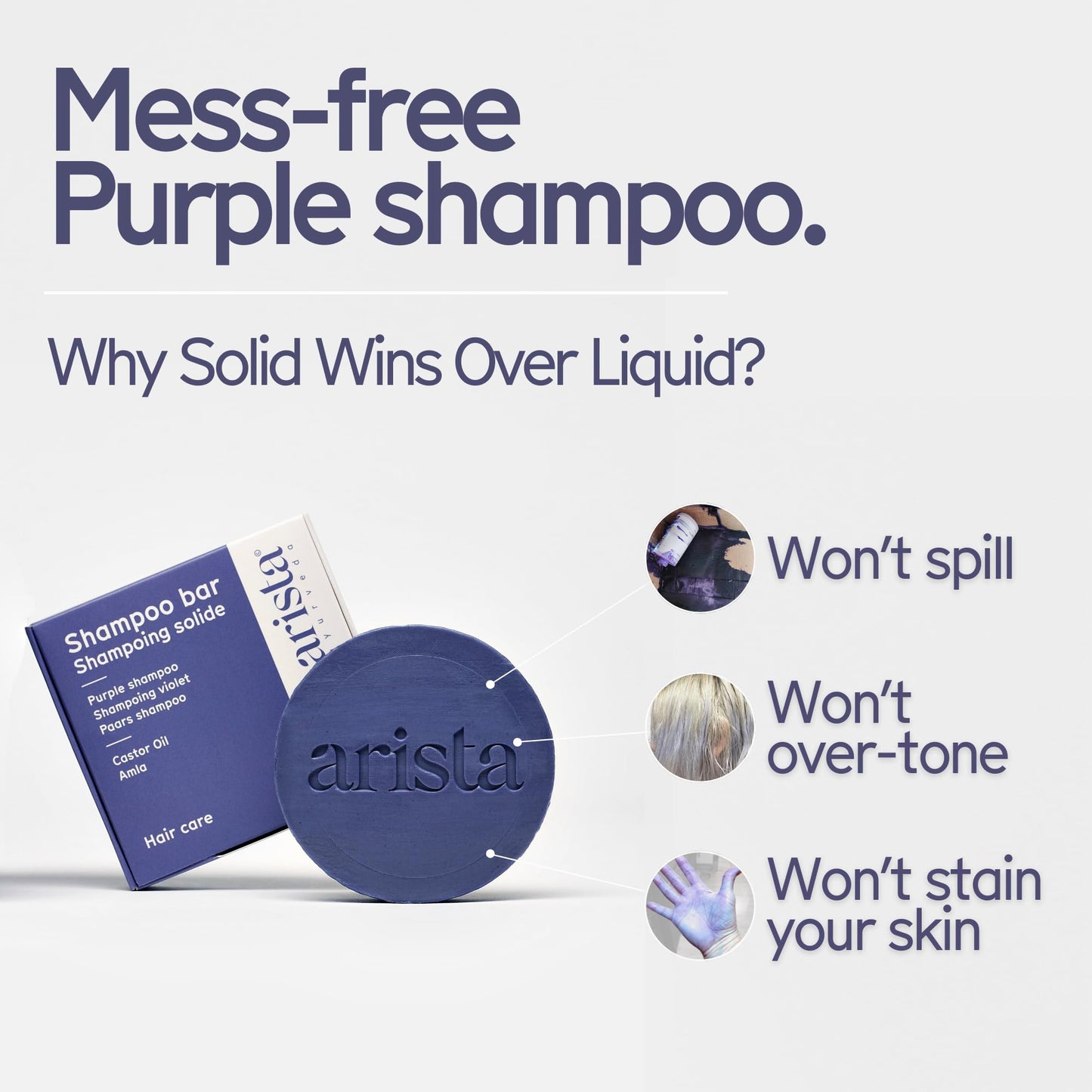 Arista Purple Shampoo Bar, Amla Fruit Powder, Purple Toner & Castor Oil, Moisturizing & Plastic Free Hair Soap, Sulfate Free Solid Shampoo Puck for Grey Hair