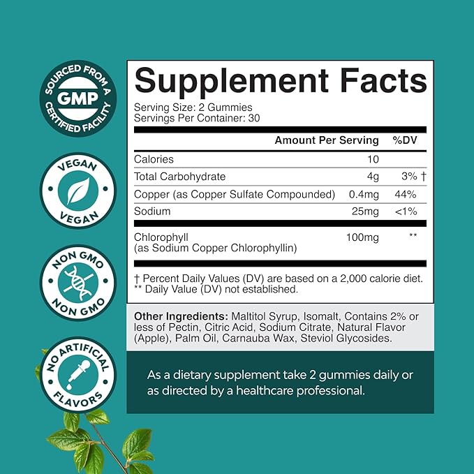 Chlorophyll Gummies for Cleanse & Detox Support - Potent Internal Deodorizer Chloropyll Supplements for Body Odor Healthy Skin Immunity & Digestive Support - Vegan Non-GMO & Gluten Free - 30 Days