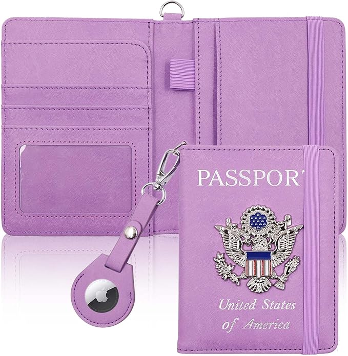 Cnycmy Passport Holder with Airtag,Passport-Wallet-Holder for Women, RFID Passport Holder with Slot Waterproof, PU Leather Travel Passport Case (purple1)
