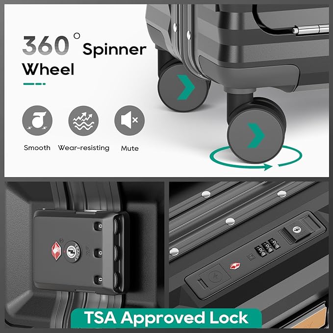 Joyway 20 Inch Carry on Luggage with Aluminium Frame and Front Pocket, PC Hardshell Suitcase with USB Port and Cup Holder, 21.5x14.2x9 Airline Approved, Luggage with Spinner Wheels and TSA Lock (Grey)