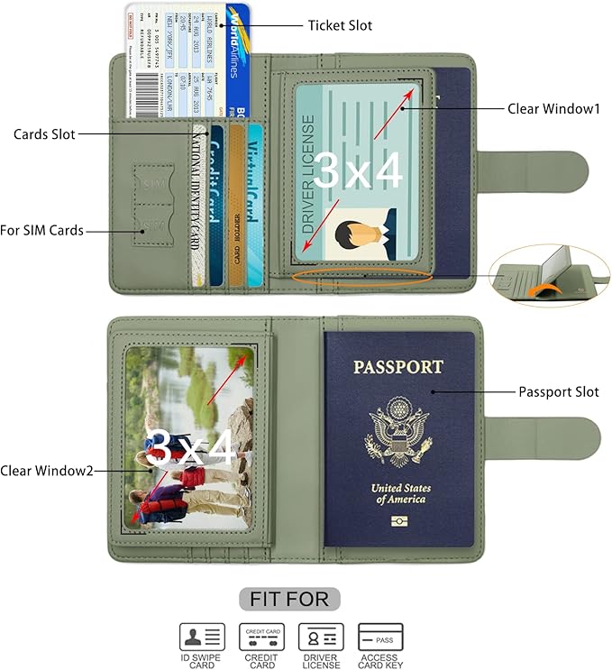 Cnycmy Passport-Wallet-Holder and Vaccine Card Slot, Rfid, Waterproof, PU Leather Travel Passport Case for Women/Men (Moss green)