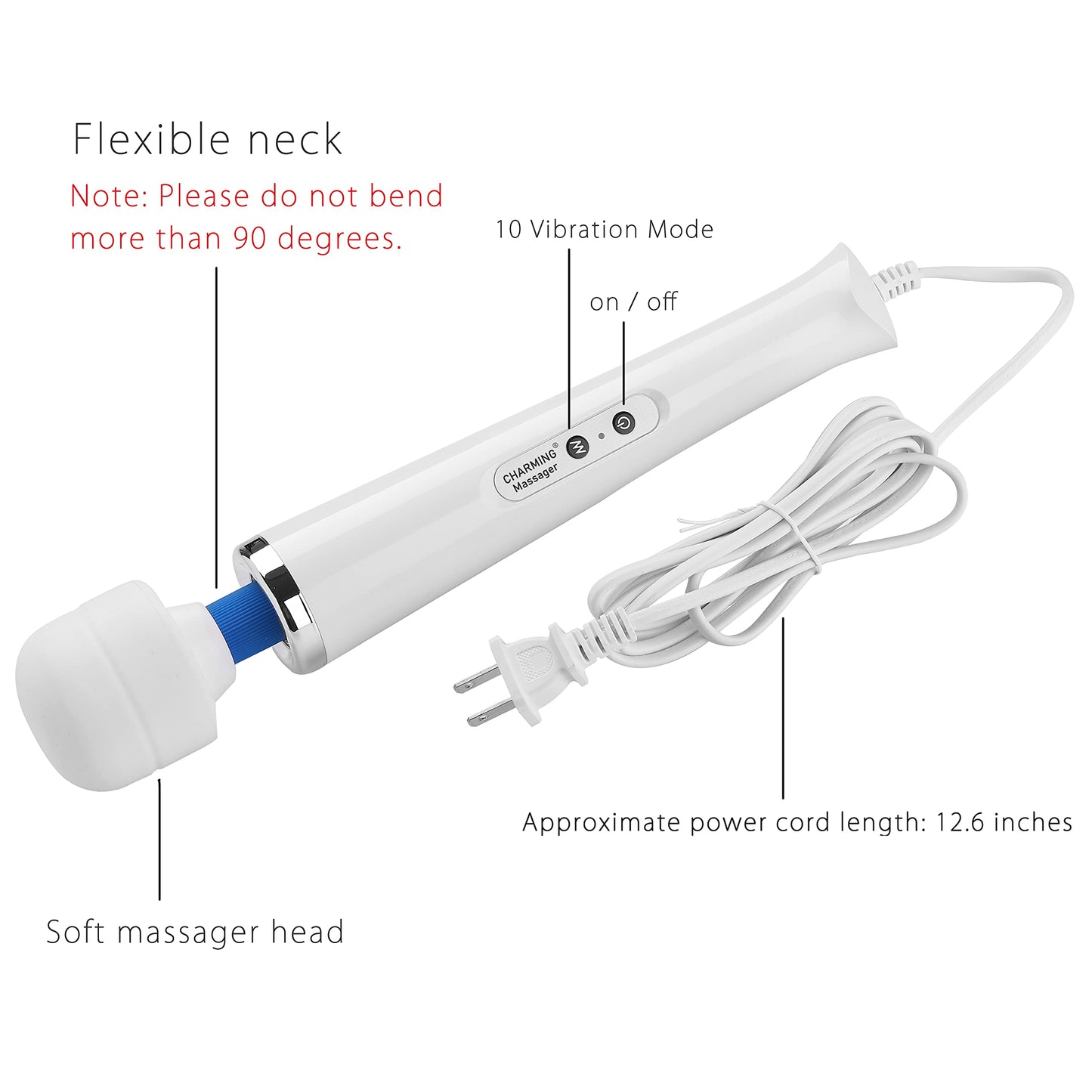 CHARMING 10 Speeds Wired Powerful Handheld Back Massager with Strong Vibration, Personal Therapy Massager for Sports Recovery, Muscle Aches, Full Body Pain (White)