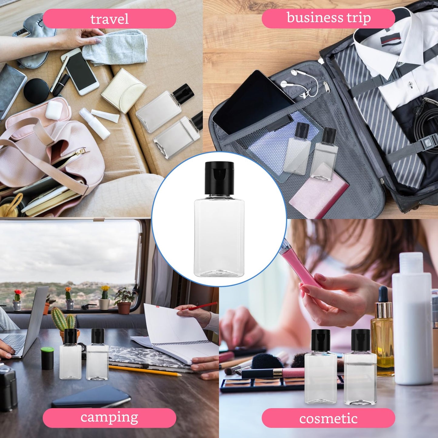 QTLCOHD 100 Pack 1 oz Travel Bottles, Mini Empty Hand Sanitizer Bottles with Flip Caps, Bulk Portable Refillable Containers for Shampoo, Shower Gel, Face Creams, Body Lotions