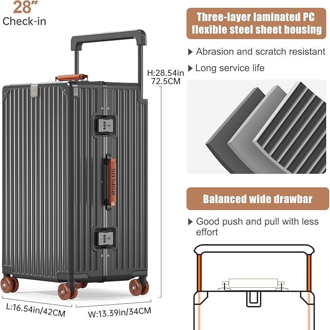 Aluminium Frame Checked-Luggage with Smooth Jelly Wheels, Hardside Zipperless Rolling Suitcase with TSA Lock (Grey, 28-Inch)