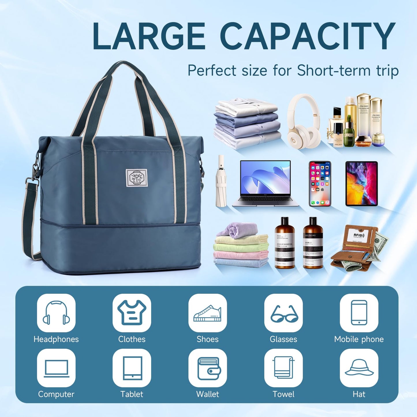 WALNEW Travel Duffel Bag, Weekender Overnight Carry On Bag for Women Men, Foldable Waterproof Gym Luggage with Metal Buckle Detachable Shoulder Strap and Wet Compartment (Peacock Blue)