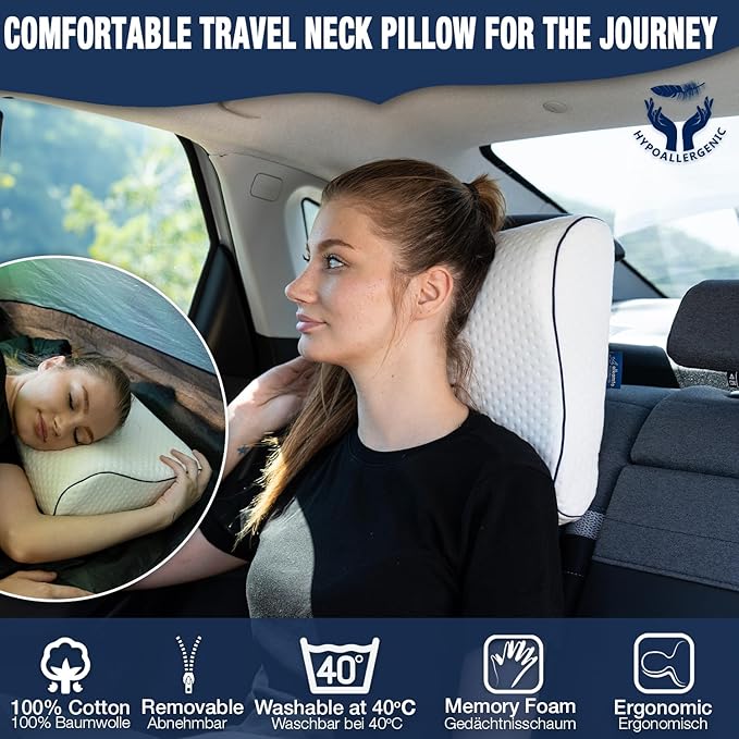Travel & Camping Comfortable Memory Foam Pillow – Easy to Carry Portable Bag – Temperature Regulating Pillow Case (White Contour)