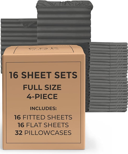Bulk Case Pack of 16 Sheet Sets - (16) Complete Full Size Sheet Sets with Deep Pockets - Wholesale Bulk Bedding for Hotels, Spas & Airbnbs - Breathable, Cooling, Soft & Wrinkle Free - (Full, Charcoal)
