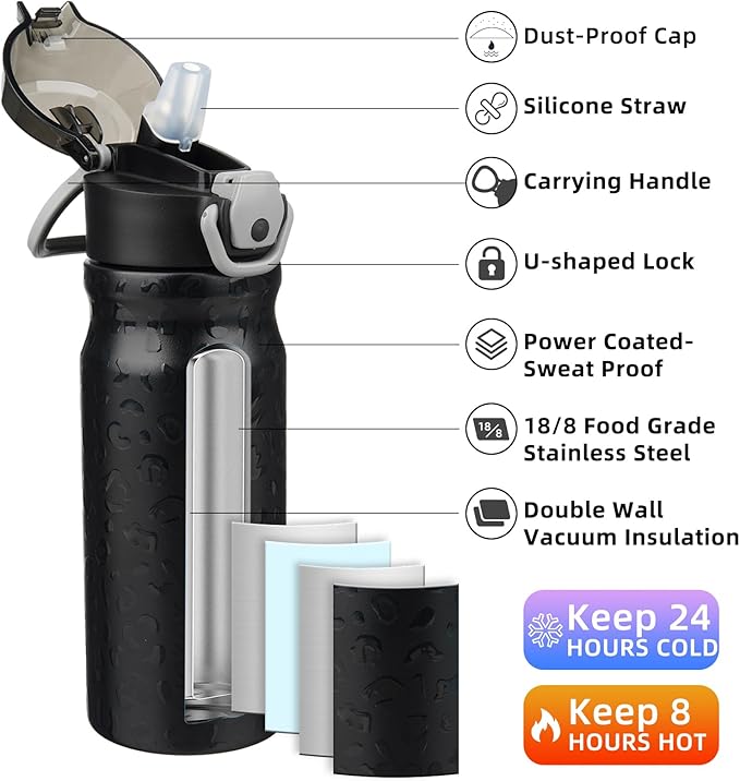 BJPKPK 18oz Insulated Water Bottle With Straw Stainless Steel Double Wall Water Bottles BPA Free Leak Proof Thermo With Lockable Flip Lid And Soft Silicone Spout,Black Leopard
