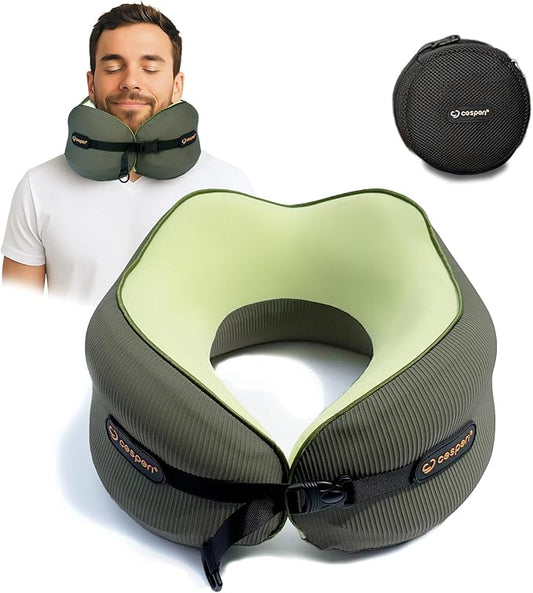 Cesperi® Travel Neck Pillow for Airplanes, Ergonomic Design, Airplane Neck Pillow with Memory Foam, Travel Essentials for Flights, Car Rides, and Home Rest, M Size, 140-210LB (Avocado Green)