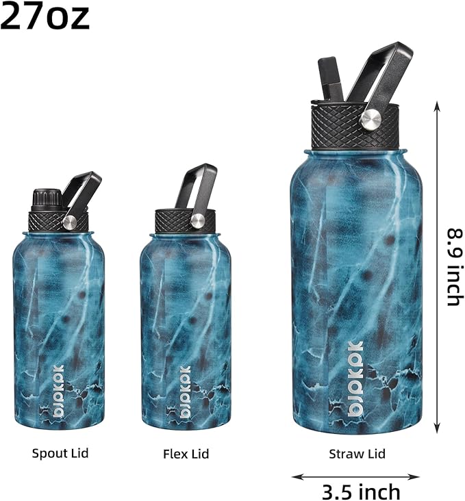 BJPKPK Insulated Water Bottles with Straw Lid, 27oz Stainless Steel Water Bottle with 3 Lids, Leak Proof BPA Free Metal Thermo, Mugs, Tumblers, Keep Cold Hot -Ocean