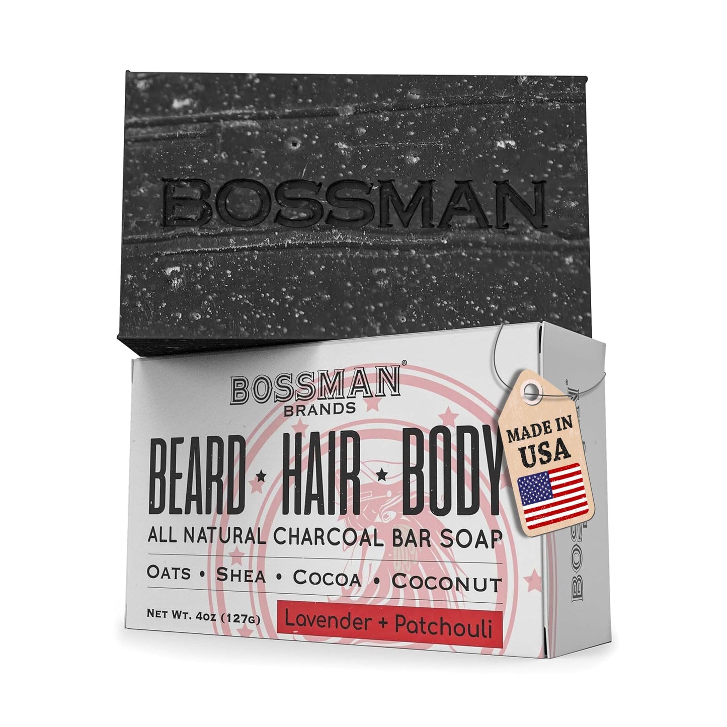 Bossman 4-in-1 Bar Soap for Men (4 oz) – All-Natural Beard Wash, Shampoo, Body Wash & Shaving Soap – Lavender & Patchouli Scent