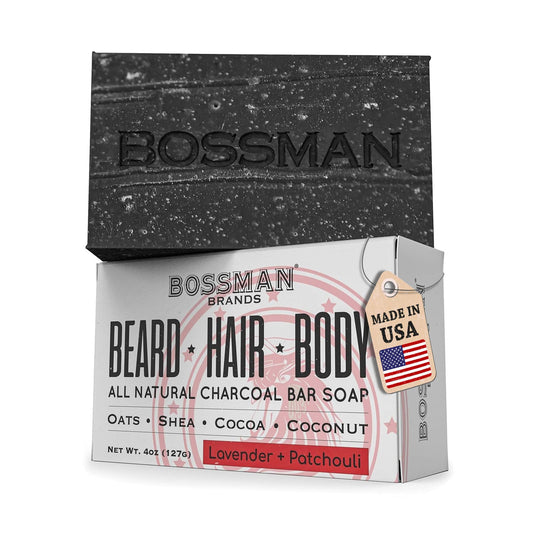 Bossman 4-in-1 Bar Soap for Men (4 oz) – All-Natural Beard Wash, Shampoo, Body Wash & Shaving Soap – Lavender & Patchouli Scent