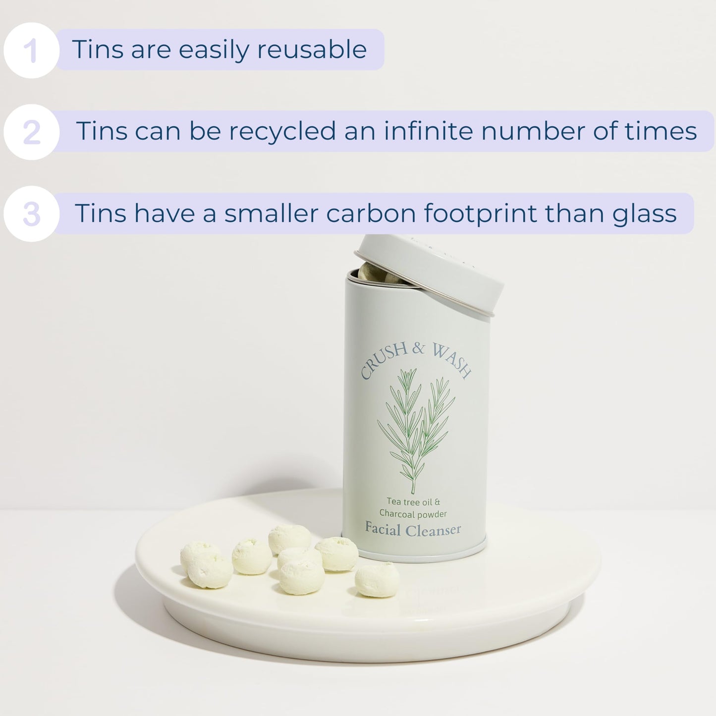 Tidalove 3-in-1 Solid Facial Cleanser, Exfoliator, and Wash-off Mask - Vegan, Cruelty-Free, Plastic-Free, Travel-Friendly, 1 Month Supply (60 Crushable Tablets) in Tin (Brightening Beans in Tin)