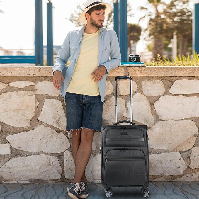 KROSER Softside Expandable Carry On Luggage with Spinner Wheels & Built-in TSA Lock, Durable Suitcase Rolling Luggage with USB Port, Carry-On 20-Inch, Black