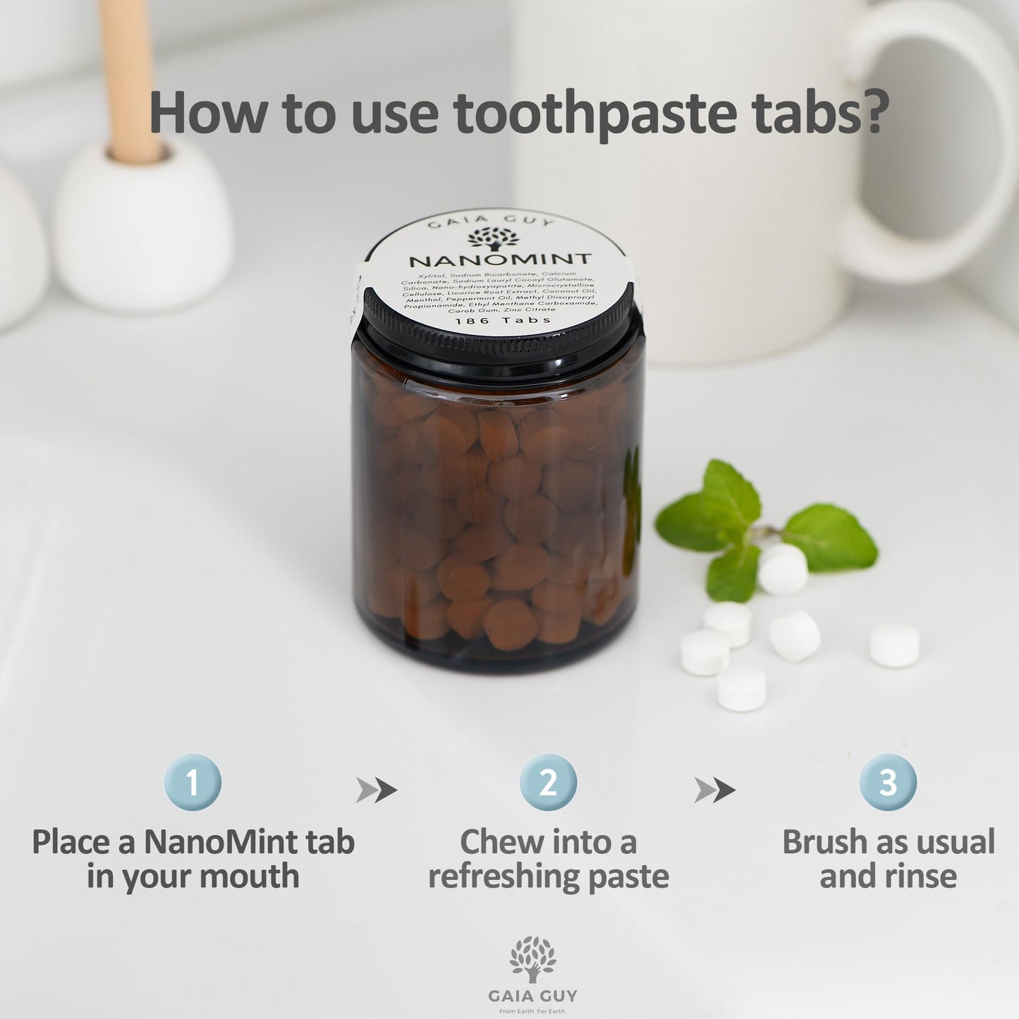 Gaia Guy | NanoMint Fluoride Free Toothpaste | Nano-Hydroxyapatite Remineralizing Toothpaste Tablets - Nano Hydroxyapatite (nHA), Plastic Free, Eco-Friendly Glass Jar | 186 Tabs