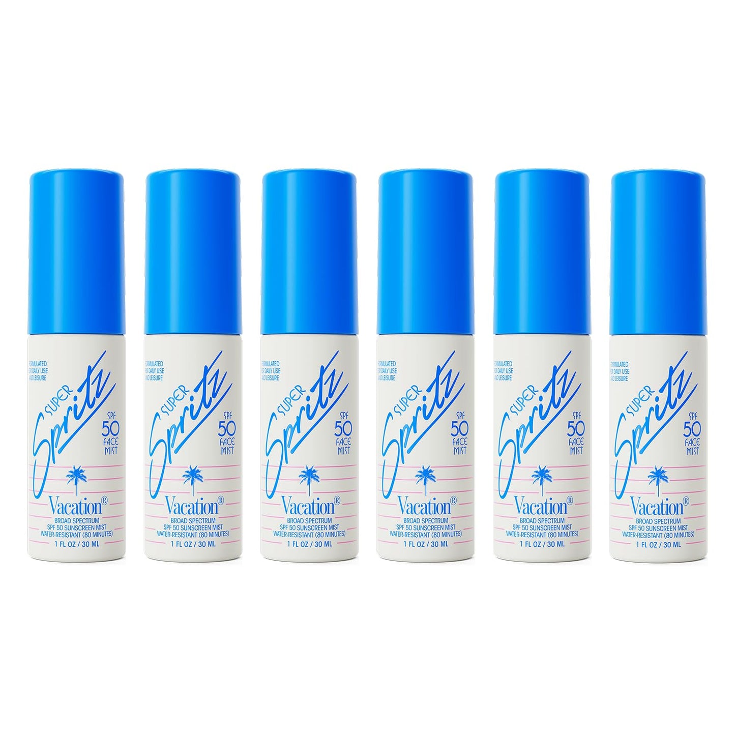 Vacation Mini Super Spritz SPF 50, Water-Resistant, Daily Face Sunscreen Spray, Mini Setting Spray, Non-Comedogenic, Vegan, Travel Size, 1 Fl. Oz. (Value Pack of 6)