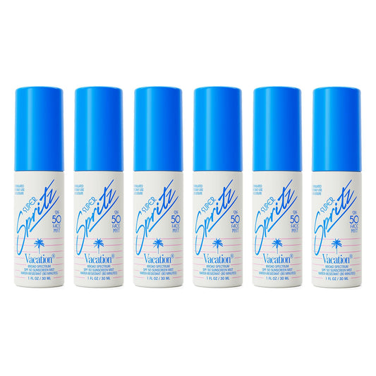 Vacation Mini Super Spritz SPF 50, Water-Resistant, Daily Face Sunscreen Spray, Mini Setting Spray, Non-Comedogenic, Vegan, Travel Size, 1 Fl. Oz. (Value Pack of 6)