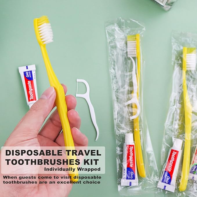 50 pcs Disposable Toothbrushes with Toothpaste and Floss,Yellow Bulk Single Use Toothbrush Floss Pick Individually Wrapped Disposable Travel Toothbrushes Kit for Homeless,Airbnb,Hotel,Guest
