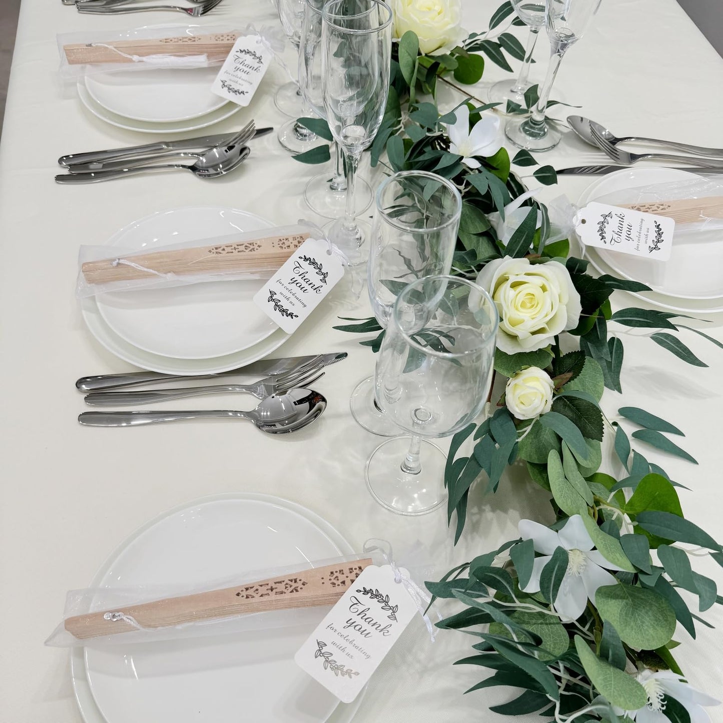 SL crafts 50 Sets Wooden Hand Fan Wood Handheld Folding Fans with Organza Bags and Thank You Tag and Tassels Wedding Party Favors