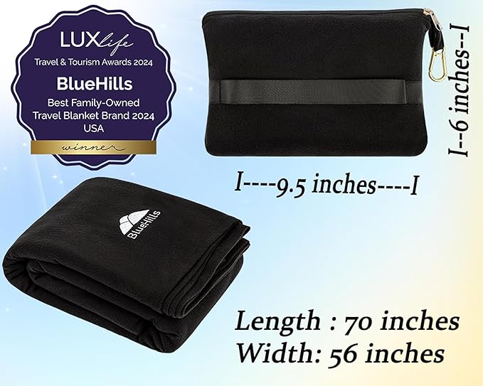 BlueHills Travel Blanket Pillow Compact Lightweight Pocket Size Airplane Traveling Essential Flight Trip Throw in Bag Portable Case Plane Accessory Black L05